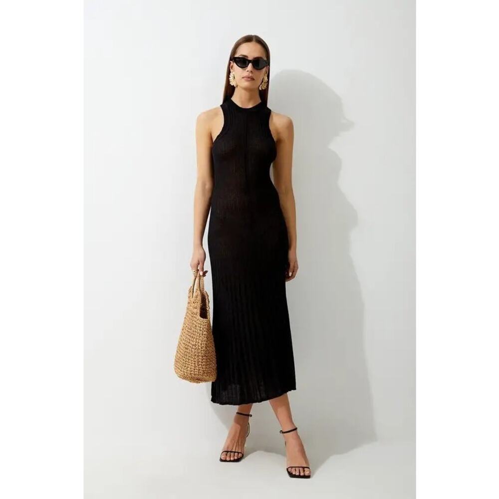 KAREN MILLEN NWT Linen Blend Racer Neck Knit Dress Black Full Skirt Women's XS